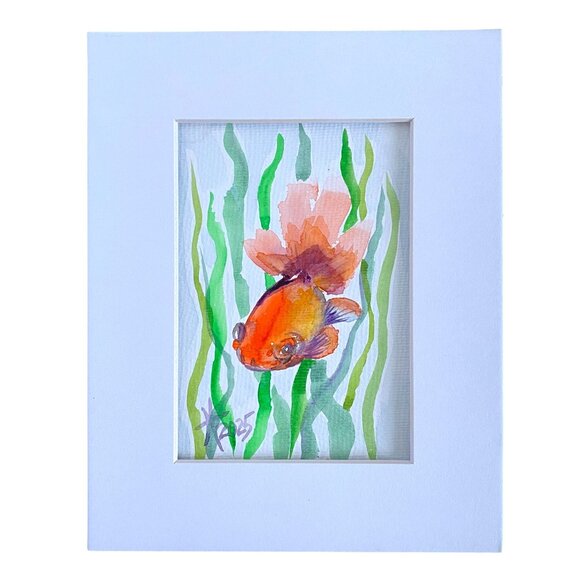 Fluffy Goldfish Original Wall Art Fish Watercolor Painting Matted 8x10in - Picture 3 of 6